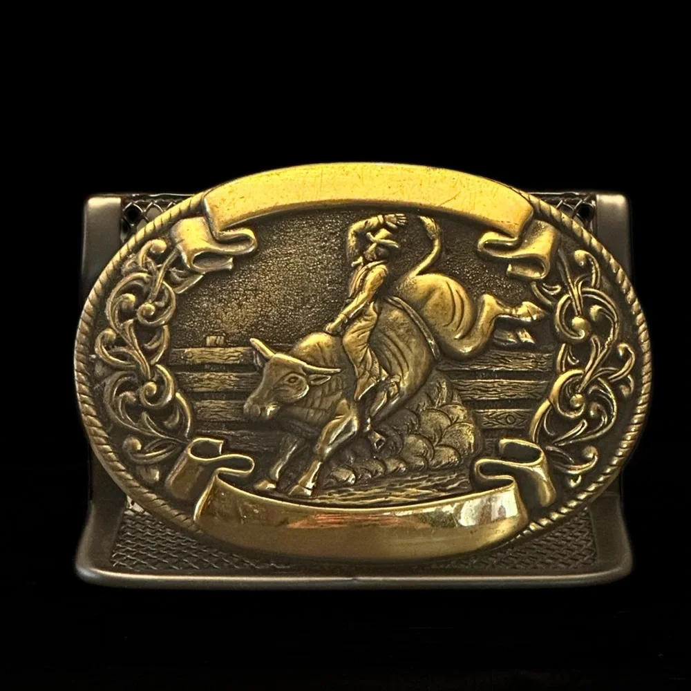 Vintage Chambers Western Belt Buckle Rodeo Cowboy Bull Rider Solid Metal - Picture 1 of 15